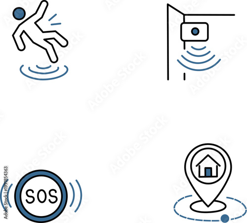 Safety icons set with fall detection motion sensor SOS button location tracking. Outline vector minimal style