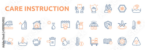 Care Instruction icon set color outline style with handle with care, washing, ironing, bleaching, professional cleaning icons
