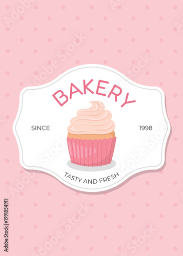 Bakery design template with pink muffin on polka dot pink background. Cupcake pastry shop design