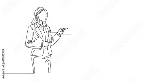 Continuous line drawing of a professional business woman presenting.