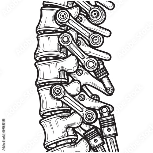 Biomechanical spine vector illustration featuring human vertebrae merged with engine pistons and connecting rods