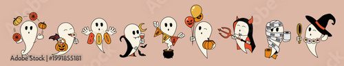Set of cute ghosts in Halloween spooky costumes. Vector illustration