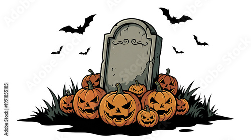 A cartoon illustration of a spooky Halloween scene with jack-o-lanterns and a tombstone on transparent background