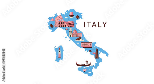 Map of Italy filled with famous landmarks and cultural icons, conveying tourism and travel, with landmarks like the Colosseum and gondola