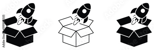 Product launch icon, rocket takeoff symbol representing new product release, startup growth, innovation, and business launch, vector illustration