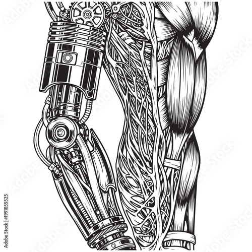 Bionic arm vector illustration showing fusion of human muscles and mechanical robotic parts for transhumanism concepts