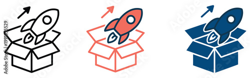 Product launch icon, modern line and flat style rocket and startup symbols representing new launch, innovation, and business growth strategy, vector illustration