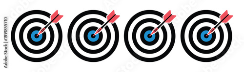 Target, icon set featuring goal symbols, bullseye, and dart arrow hitting center concept, success and accuracy theme, modern flat vector