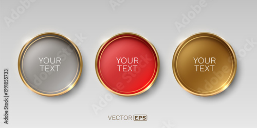 Set of three glossy buttons with golden frame.