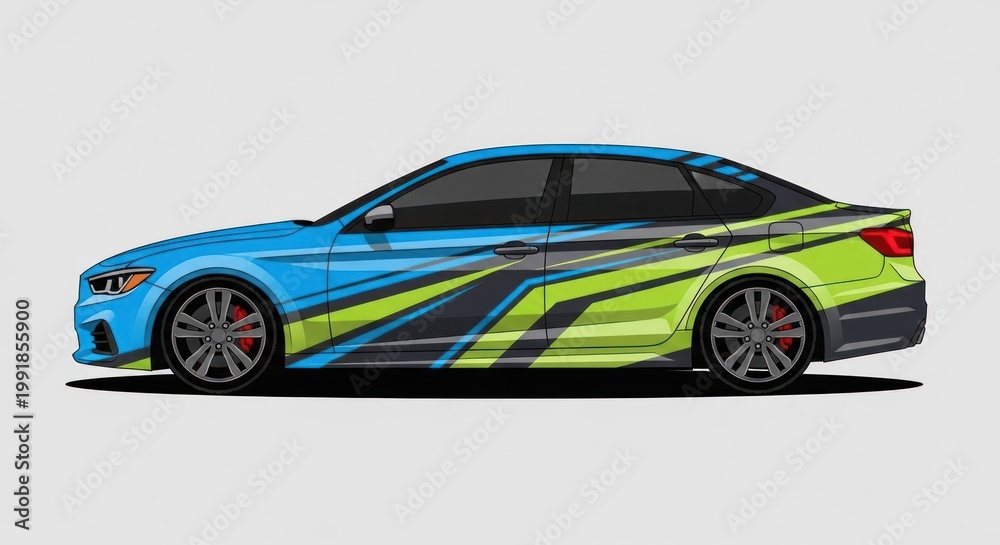 Fototapeta premium Modern blue and green vinyl wrap design on sedan side