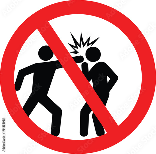 Prohibition Sign Vector Illustration Showing Stick Figures Fighting Crossed Out with Red Circle and Diagonal Line