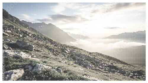 Cinematic mountain landscape at sunrise, rocky alpine slope with morning mist, ethereal wilderness valley under bright sunlight, panoramic nature background