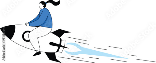 Empowered Young Woman Riding a Rocket Ship for Startup Business Growth, Career Success, Innovation Concepts, Marketing Launches, and Modern Female Entrepreneurship Vector Illustrations