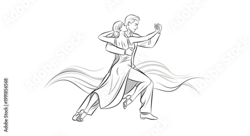 Couple dancing tango with flowing fabric illustration.