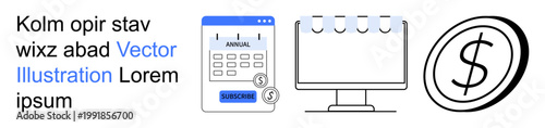 Budget planning, financial tracking, corporate management, expense organization, monetary symbols, digital tools. Calendar, monitor and dollar sign graphic elements. Budget planning and financial