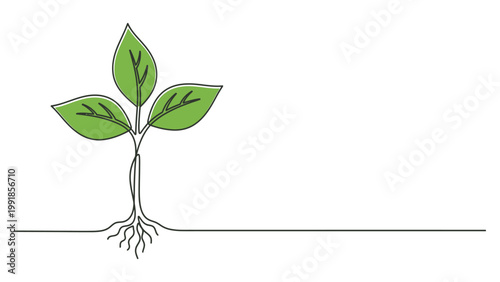 Continuous single line drawing of a small green sprout with roots.