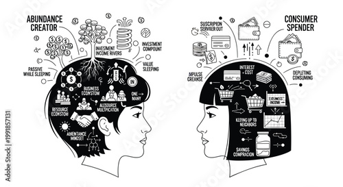 Abundance mentality, consumer mindset, business concepts, vector icons