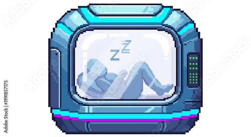Futuristic sleep pod with person inside dreaming.