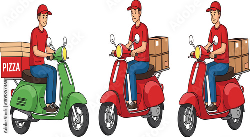 Set of delivery man cartoon characters riding colorful scooters with pizza boxes and cardboard parcels for food and package transport service isolated on white background