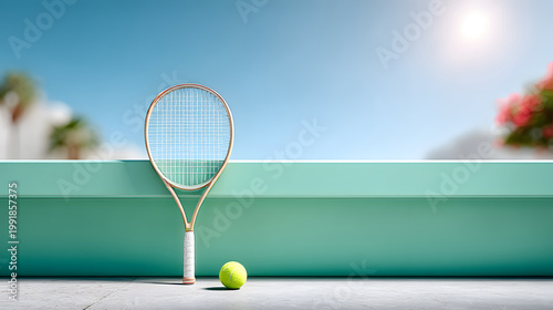 Tennis racket and yellow ball positioned on a turquoise surface with a blurred background of palm trees and bright sky. Selective focus