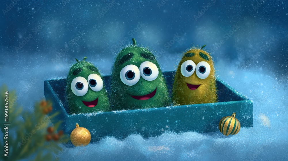 Obraz premium Three fuzzy green and yellow creatures sit happily inside a blue gift box on a snowy background.