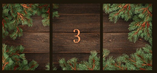 Triptych with wooden panels and evergreen boughs, a copper numeral 3 appears in the center