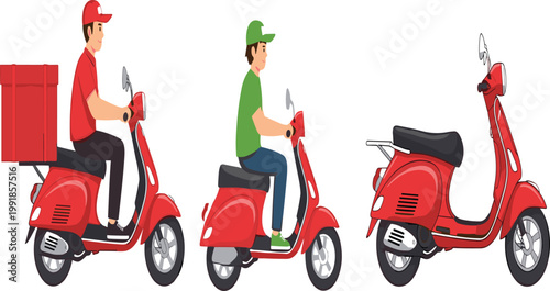 Set of delivery man cartoon characters riding red scooters with thermal boxes for food and parcel transport service isolated on white background vector illustration