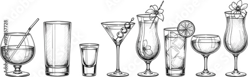 Hand Drawn Cocktail Glassware Vector Set Featuring Martini, Shot, Margarita, and Hurricane Glasses with Tropical Garnishes for Bar Menus and Party Invitations