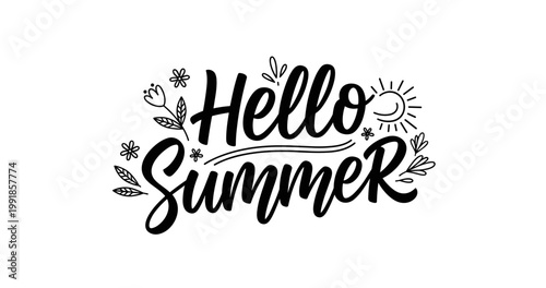 Script summer greeting with sun and foliage on white backdrop