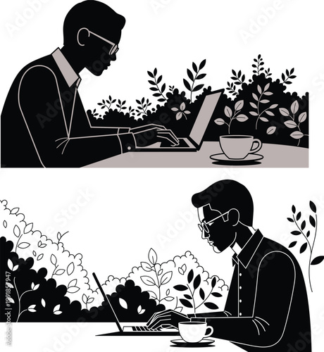 Cartoon illustration of person working on laptop outdoors with plants, coffee cup, peaceful remote work lifestyle concept blending nature and technology