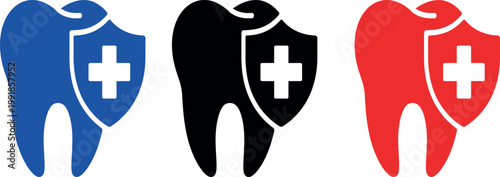 Three colored tooth icons with medical cross shields