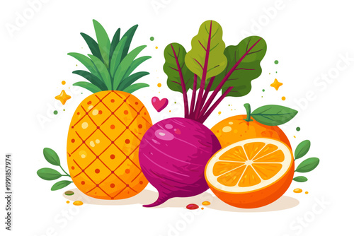 Colorful flat vector illustration of a fresh pineapple, a purple beetroot with green leaves, and juicy oranges with a half-cut slice, isolated on a white background for healthy food and juice design.