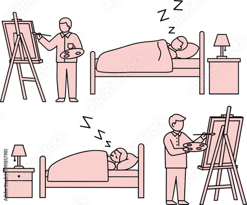 Cartoon illustration of role reversal with painter and sleeper switching positions, humorous artwork showing easel, bed, lamp, creative lifestyle concept
