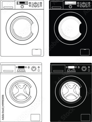 Front-loading washing machine illustration with black and white variations, detailed drum patterns, household appliance artwork for laundry, cleaning, and home design visuals