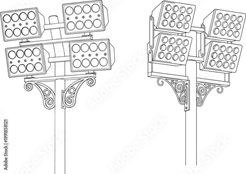 Detailed stadium floodlight illustration with ornate pole brackets, sports arena lighting system design, architectural outdoor lamp drawing for engineering and construction visuals
