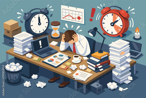 Isometric illustration of a stressed office worker overwhelmed by piles of paperwork and looming deadlines, featuring large alarm clocks, hourglass, messy desk, and professional burnout concept.