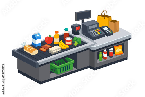 Isometric Vector Illustration of a Grocery Store Checkout Counter with a Conveyor Belt, Cash Register, POS Terminal, Shopping Bags, and Food Products like Milk, Bread, Fruit, and Vegetables.