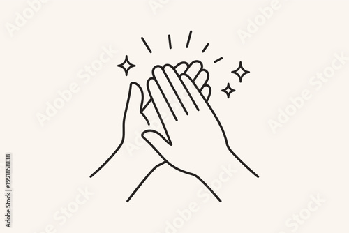 Spare single-contour vector artwork of two palms striking together in joyful ovation, distilling applause, encouragement, triumph, and communal recognition into a bold uncomplicated graphic form.