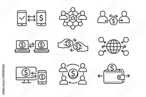 P2P Peer to Peer Transaction Outline Icon Set Featuring Digital Payment Methods, Decentralized Network Systems, Online Money Transfer, Mobile Banking, Global Currency Exchange, and E-wallet Icons