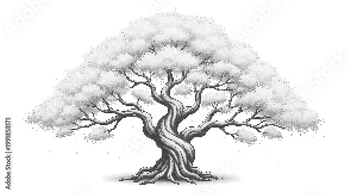 Vintage oak tree sketch with twisted trunk, detailed monochrome botanical illustration, ancient tree vector art for landscape design
