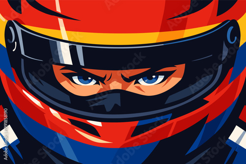 Close-up Vector Illustration of a Racing Driver with Intense Blue Eyes Looking Through a Helmet Visor, Bold Red and Blue Colors, Professional Motorsport Athlete Portrait for Speed and Competition