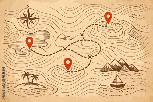 Vintage Topographic Map Illustration with Retro Navigation Pin Markers, Compass Rose, Hand-Drawn Mountains, Tropical Island, and Sailboat on Aged Parchment Background for Adventure Travel Theme.