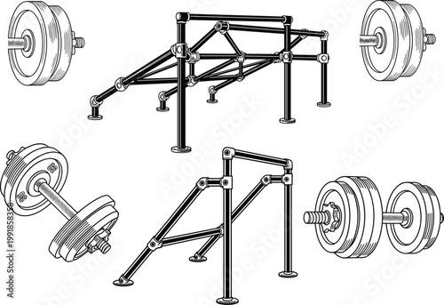 Home gym equipment set with bench press rack barbell weights adjustable workout station strength training fitness illustration isolated background modern minimal vector