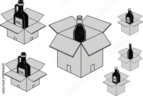 Open cardboard box illustration with bottles inside, packaging artwork showing logistics, shipping, storage, and product distribution design variations