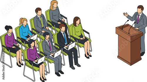 Isometric Business Conference Vector Illustration Featuring a Public Speaker at a Podium Giving a Presentation to a Professional Audience in an Office Setting