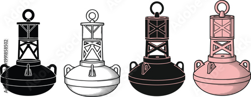 Stylized buoy illustration with cylindrical top, rounded base, cross-bracing and ring, decorative maritime artwork showing nautical equipment design variations