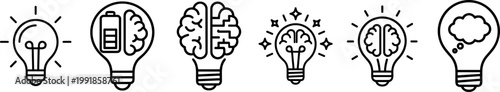 brain and light bulb icon set, creativity and intelligence concept symbols, idea and thinking process outline vector collection isolated on transparent background