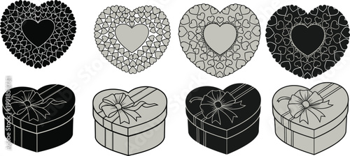 Stylized heart-shaped illustration featuring lace patterns and ribbon gift boxes in black, gray, and white, decorative artwork for romantic design visuals