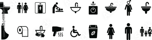 restroom and bathroom facility icons set with men women wheelchair accessibility sink toilet baby changing hygiene and wc signage symbols on transparent background