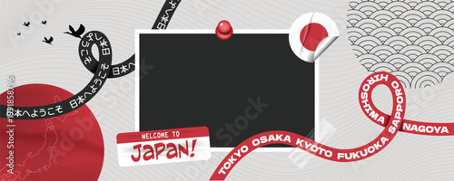 Welcome to japan travel frame collage photos with scrapbook torn paper style and japanese decorative elements.